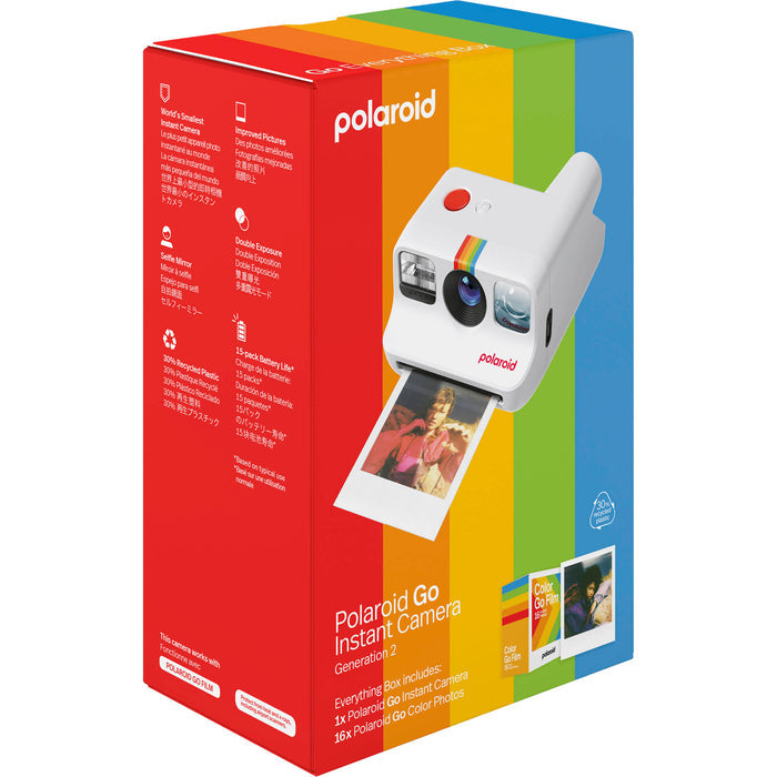 Polaroid Go Generation 2 Instant Film Camera Everything Box in white with retro design, larger aperture lens, selfie mirror, self-timer, double exposure, built-in flash, and rechargeable battery.