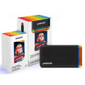 Polaroid Hi-Print 2x3 Pocket Photo Printer Gen 2 Everything Box in black, Bluetooth-enabled with rechargeable 620mAh battery, dye sublimation printing, 291 dpi resolution, prints 2.1 x 3.4 inch sticky-back photos, made with 30% recycled materials, includes 2 paper cartridges (40 sheets).