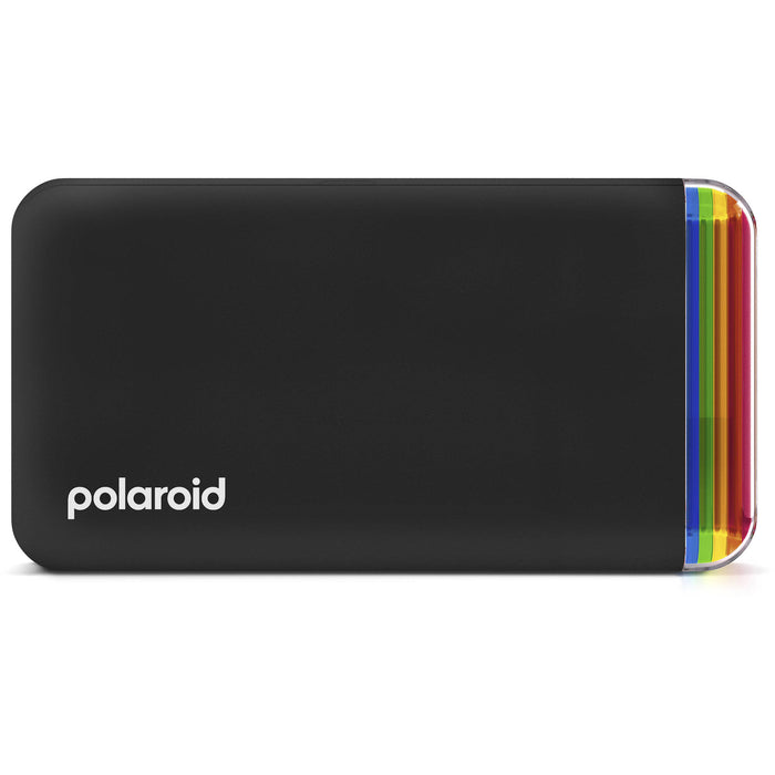 Polaroid Hi-Print 2x3 Pocket Photo Printer Gen 2 Everything Box in black, Bluetooth-enabled with rechargeable 620mAh battery, dye sublimation printing, 291 dpi resolution, prints 2.1 x 3.4 inch sticky-back photos, made with 30% recycled materials, includes 2 paper cartridges (40 sheets).