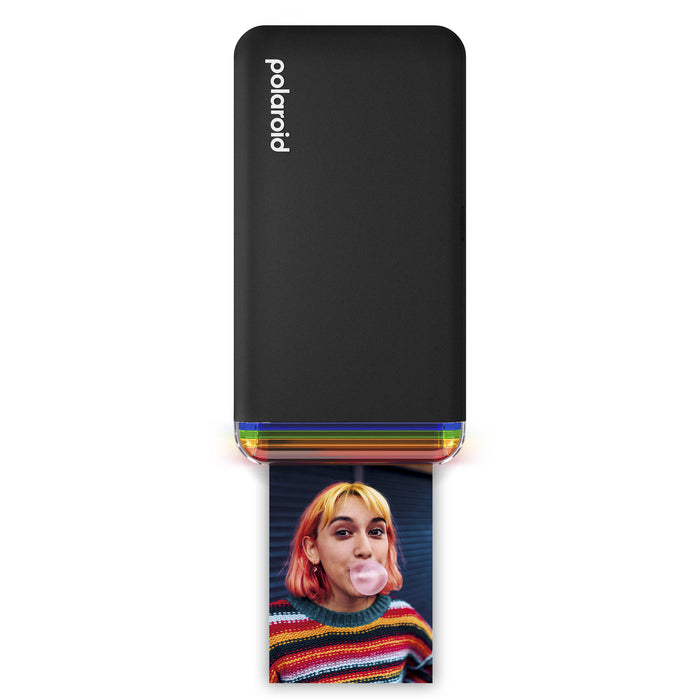 Polaroid Hi-Print 2x3 Pocket Photo Printer Gen 2 Everything Box in black, Bluetooth-enabled with rechargeable 620mAh battery, dye sublimation printing, 291 dpi resolution, prints 2.1 x 3.4 inch sticky-back photos, made with 30% recycled materials, includes 2 paper cartridges (40 sheets).