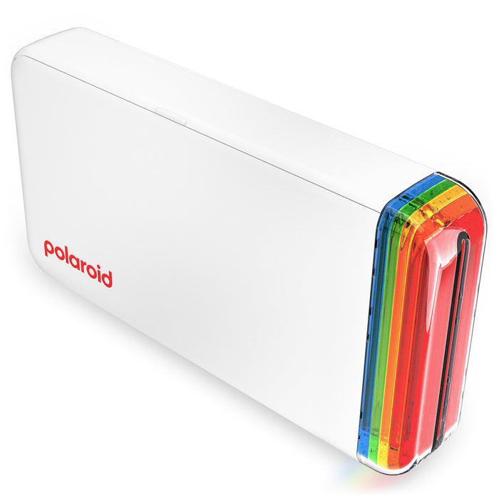 Polaroid Hi-Print 2x3 Pocket Photo Printer Gen 2 in white, Bluetooth-enabled with rechargeable lithium-ion battery, dye sublimation printing on 2.1 x 3.4 inch self-adhesive photo paper, compatible with iPhone and Android.