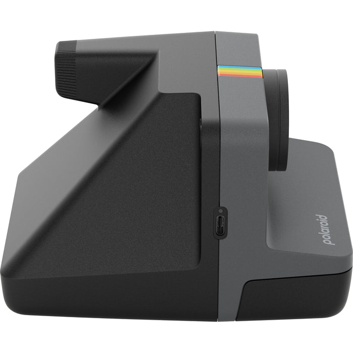 Polaroid Now Generation 3 Starter Set in black, featuring upgraded two-lens autofocus system, double-exposure and self-timer modes, built-in tripod mount, accurate flash, USB-C rechargeable battery, made with 40% recycled plastics, compatible with Polaroid i-Type and 600 film."