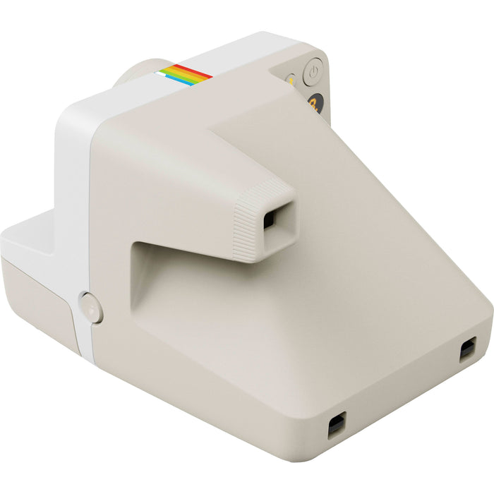 Polaroid Now Generation 3 Starter Set in white featuring upgraded two-lens autofocus, double exposure and self-timer modes, built-in tripod mount, USB-C rechargeable battery, made with 40% recycled plastics, compatible with Polaroid i-Type and 600 film.