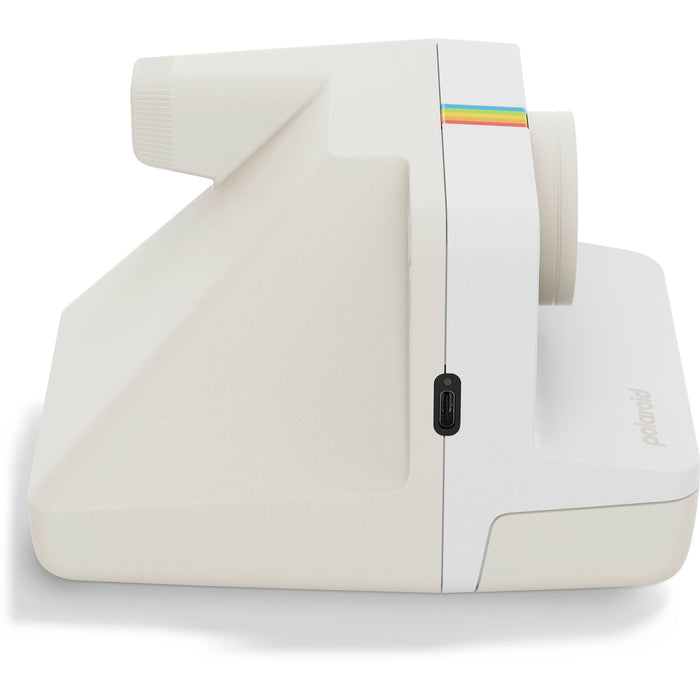 Polaroid Now+ Generation 3 Starter Set in white with upgraded two-lens autofocus, six apertures from f/11 to f/64, Bluetooth app control for remote shutter and manual modes, self-timer, double exposure, built-in flash, USB-C rechargeable battery, and made with 40% recycled materials."