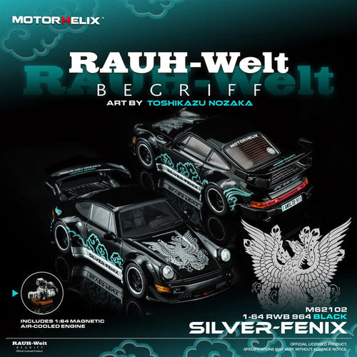 (Pre-order) Porsche RWB 964 Black Silver Fenix with 1/64 magnetic air-cooled engine Motorhelix M62102
