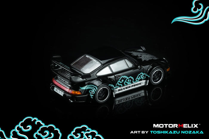 (Pre-order) Porsche RWB 964 Black Silver Fenix with 1/64 magnetic air-cooled engine Motorhelix M62102