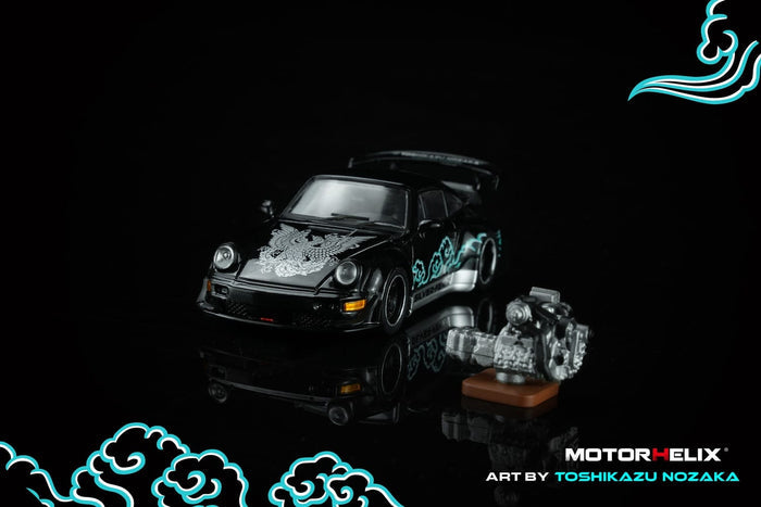(Pre-order) Porsche RWB 964 Black Silver Fenix with 1/64 magnetic air-cooled engine Motorhelix M62102