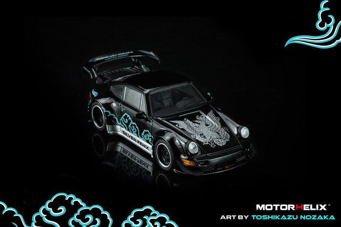 (Pre-order) Porsche RWB 964 Black Silver Fenix with 1/64 magnetic air-cooled engine Motorhelix M62102