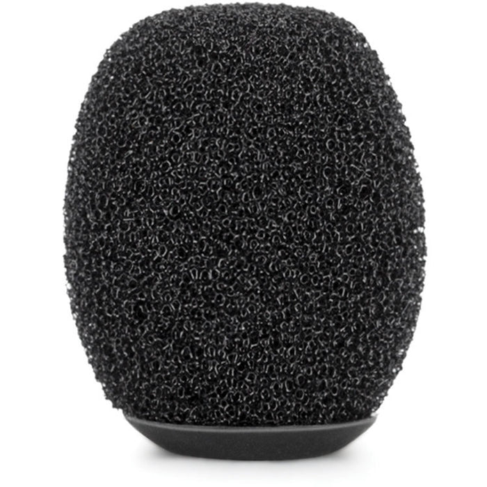 Black textured microphone windshield on a white background