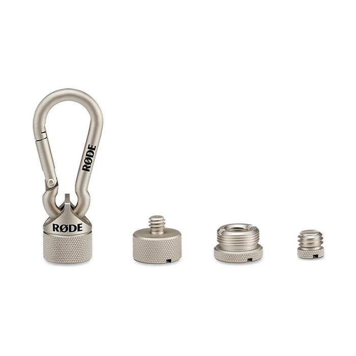 RODE Universal Thread Adaptor Kit with brass and stainless-steel thread adapters in a magnetic carabiner case.