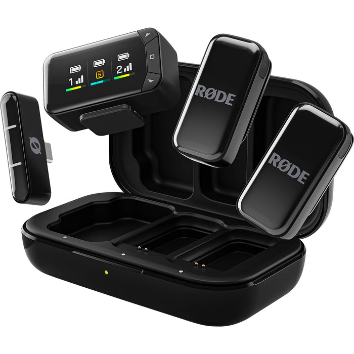 Wireless Micro Camera Kit with dual clip-on transmitters, camera receiver, smartphone receiver, and charging case