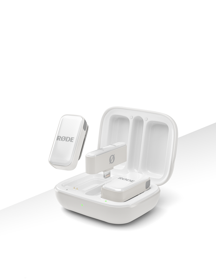 RODE Wireless Micro Lightning (White) – compact wireless microphone with Lightning connector, designed for high-quality audio recording on iPhones and iOS devices.