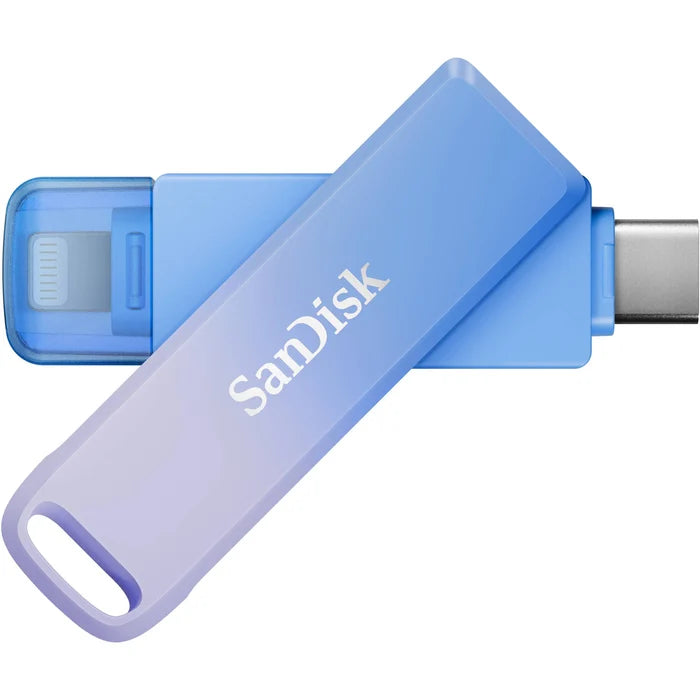 SanDisk Creator Phone Drive 128GB with USB Type-C and Lightning connectors, USB 3.2 Gen 1 interface, max read speed 90 MB/s, compact metal body, compatible with iOS 13+, Android 8+, Windows 10+, and macOS 12+, includes three months of Adobe Lightroom.