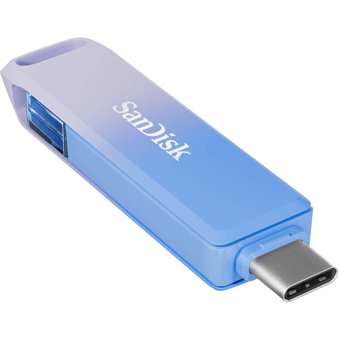 SanDisk Creator Phone Drive 128GB with USB Type-C and Lightning connectors, USB 3.2 Gen 1 interface, max read speed 90 MB/s, compact metal body, compatible with iOS 13+, Android 8+, Windows 10+, and macOS 12+, includes three months of Adobe Lightroom.