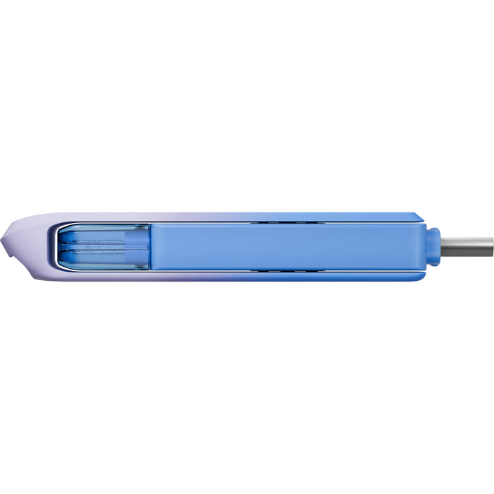 SanDisk Creator Phone Drive 128GB with USB Type-C and Lightning connectors, USB 3.2 Gen 1 interface, max read speed 90 MB/s, compact metal body, compatible with iOS 13+, Android 8+, Windows 10+, and macOS 12+, includes three months of Adobe Lightroom.