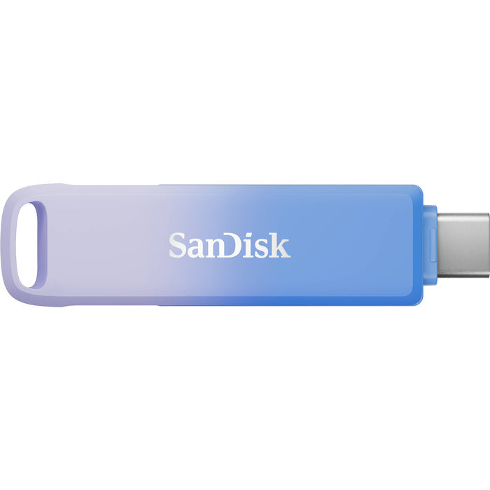 SanDisk Creator Phone Drive 256GB with USB Type-C and Lightning connectors, USB 3.2 Gen 1 interface, max read speed 90 MB/s, compact metal design, compatible with iOS 13+, Android 8+, Windows 10+, macOS 12+, includes three months of Adobe Lightroom.