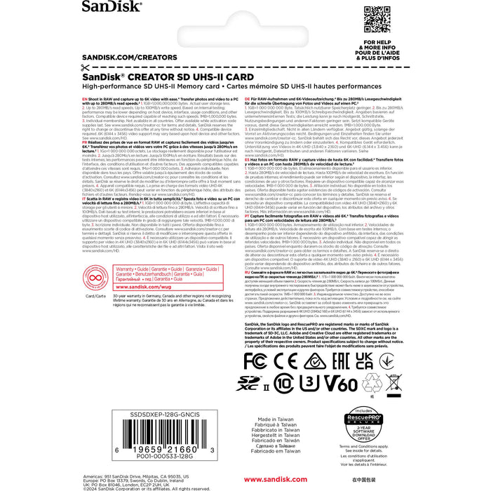 SanDisk Creator UHS-II SDXC Memory Card – high-speed storage solution designed for content creators, with fast read/write speeds and 4K video support.