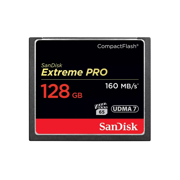 SanDisk Extreme PRO 128GB CompactFlash card on a white background