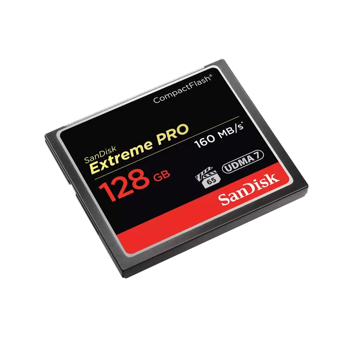 SanDisk Extreme Pro 128GB CompactFlash card on a white background