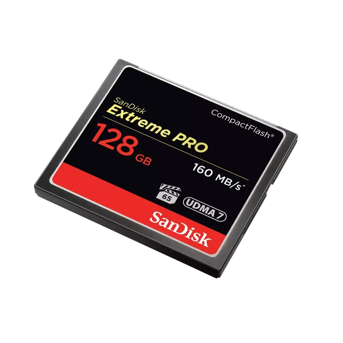 SanDisk Extreme PRO 128GB CompactFlash card on a white background