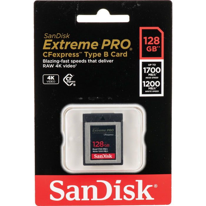 The SanDisk 128GB Extreme PRO CFexpress Memory Card Type B boasts high-speed, consistent recording at read speeds of up to 1700MBs and 1200MBs write speeds.