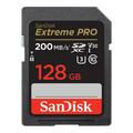 SanDisk Extreme PRO 128GB SD card on a white background