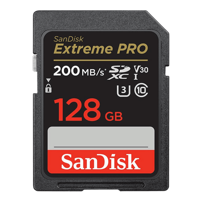 SanDisk Extreme PRO 128GB SD card on a white background