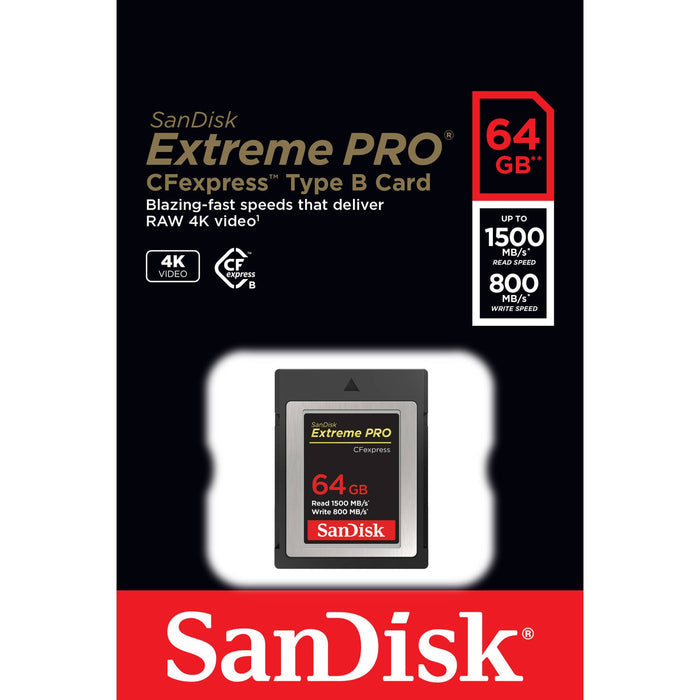The 64GB Extreme PRO CFexpress Memory Card Type B boasts high-speed, consistent recording at read speeds of up to 1500MBs and 800MBs write speeds.