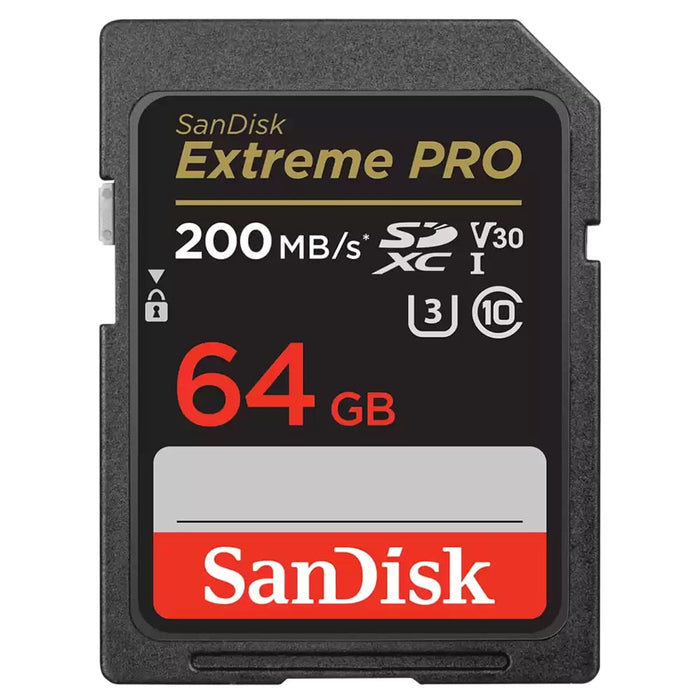SanDisk Extreme Pro 64GB SD card on a white background
