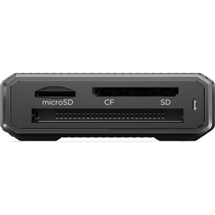 Black card reader with microSD, CF, and SD slots on a white background