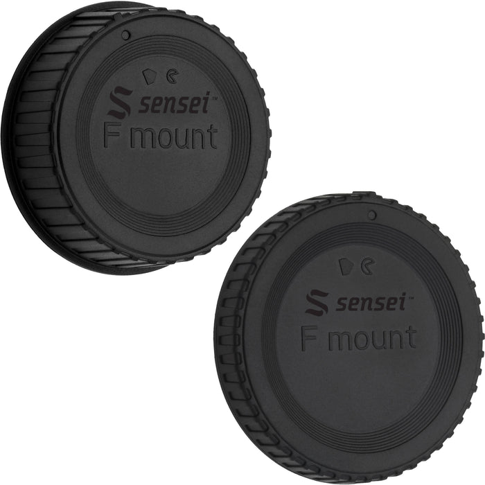 Sensei Body and Rear Lens Cap Kit featuring black plastic protective caps for camera body mount and lens rear element, protecting sensor and lens contacts from dust, scratches, moisture, with finger-grip edges for easy removal and replacement.