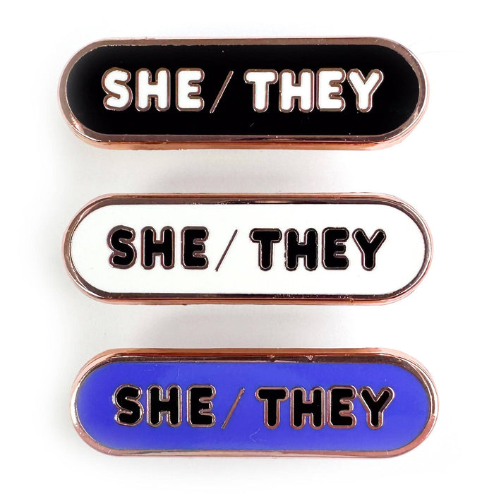 She/They Pronoun Plaque Enamel Pin