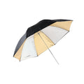Sky Silver & Gold Umbrella 110 cm – dual silver and gold interior with black backing, offering warm, soft, wrap-around lighting ideal for single-light portraits.