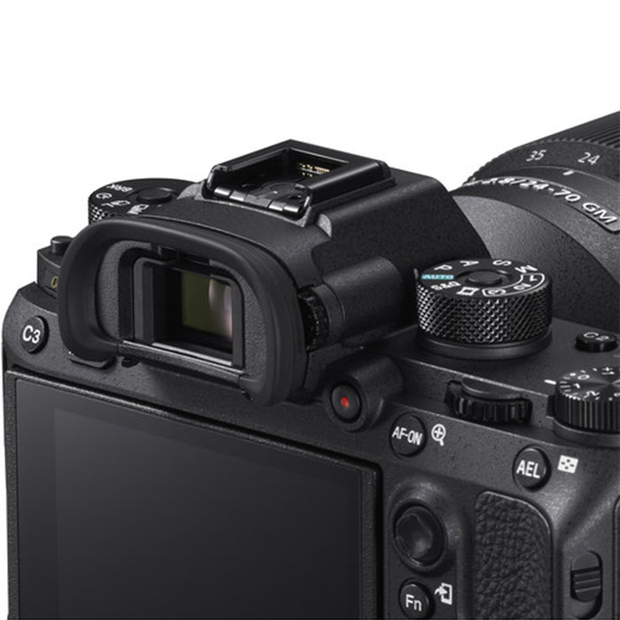 Sony FDA-EP18 eyepiece cup in black rubber with contoured design for improved eye comfort, compatible with Sony mirrorless camera viewfinders.