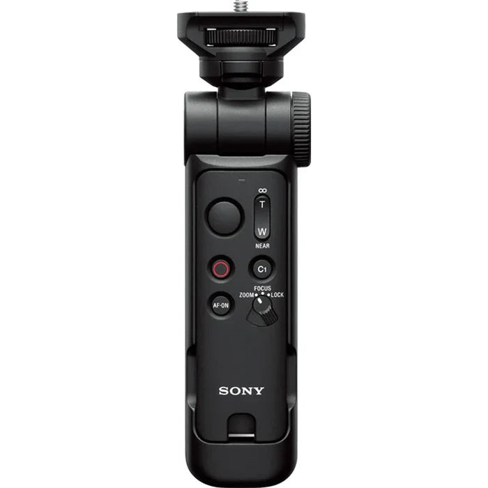 Sony GP-VPT3 multi-function shooting grip with detachable Bluetooth remote commander, converts to mini tripod, supports cameras up to 1.5 kg, 10m wireless remote control range, ergonomic design, tilt and swivel head for selfie or outward shots, dust and moisture resistant.