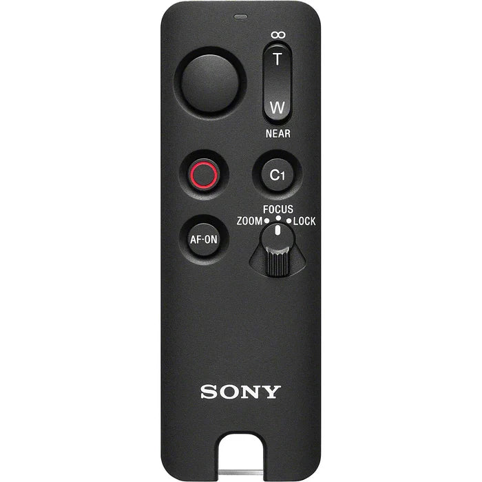 Sony RMT-VP2 wireless remote commander with Bluetooth connectivity, 10m operating range, one-handed control buttons for shutter, movie recording, autofocus, customizable C1 button, zoom/focus rocker, LED status indicator, dust and moisture resistant design, compatible with Sony Alpha cameras and selected Xperia smartphones.