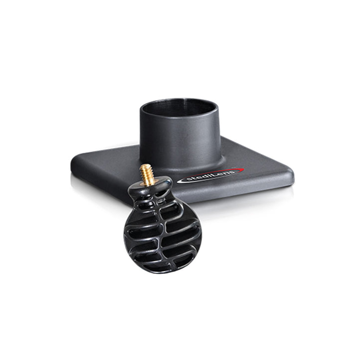 StediLens Base Unit for camera and telephoto lens stabilisation, with broad non‑slip silicone pads, compact cylindrical body and central screwball attachment point, designed for stable, gimbal‑like movement on beanbags, tripods or flat surfaces.