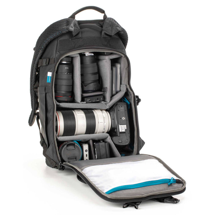 Tenba Axis V2 20L camera backpack with top, side, rear access, laptop/drones storage, MOLLE webbing, and comfy straps.