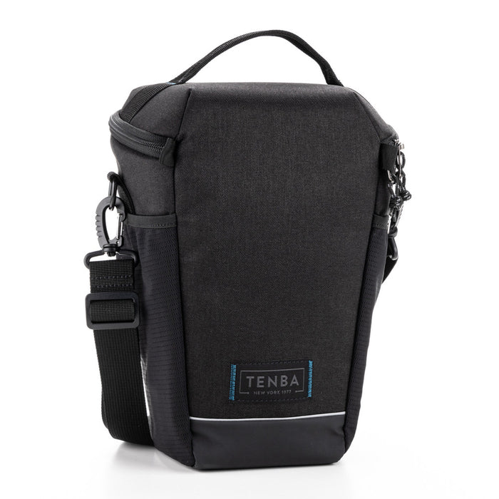 Black camera bag with a visible Tenba logo on a white background