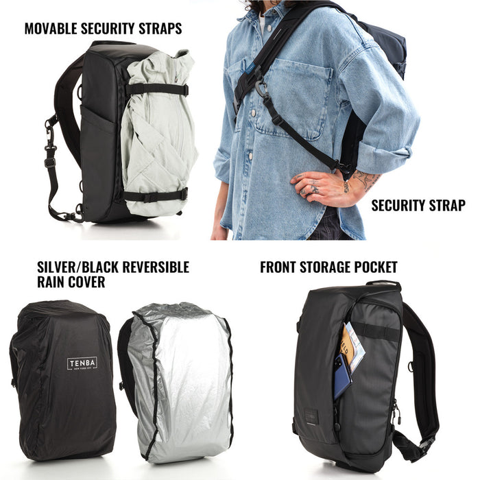 Backpack with security straps, reversible rain cover, and front storage pocket on a white background.