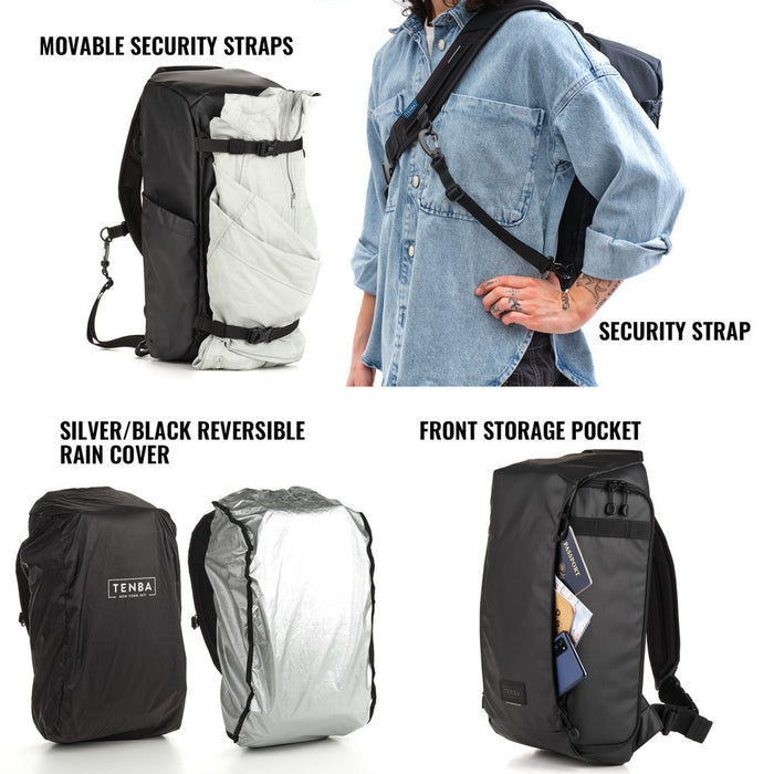 Backpack with movable security straps, silver/black reversible rain cover, and front storage pocket.