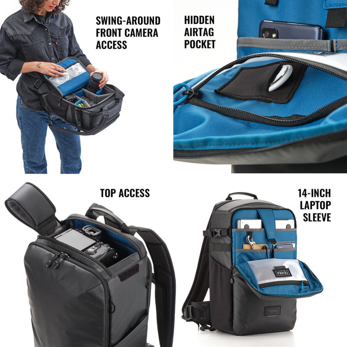 Multifunctional backpack with features highlighted on a white background