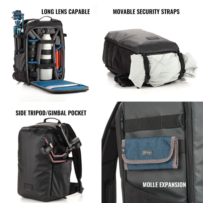 Camera backpack with features highlighted on a white background