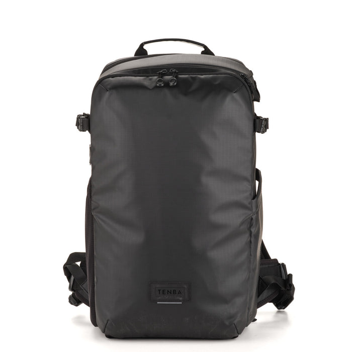 Black backpack with visible brand logo on a white background