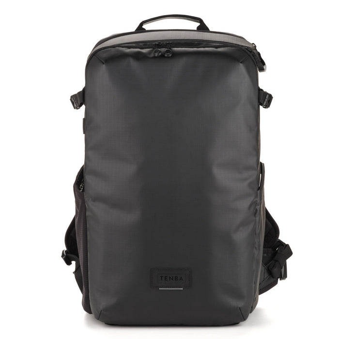 Black backpack with visible brand logo on a white background