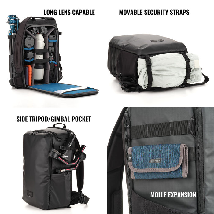 Camera backpack with features highlighted on a white background