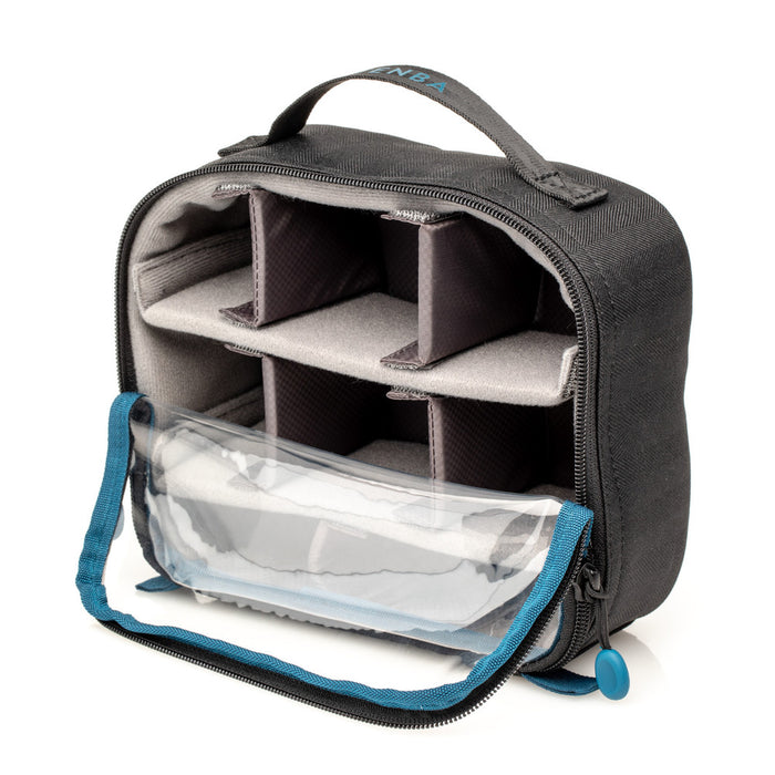 Black and gray travel bag with clear compartment on a white background