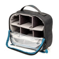 Black and gray travel bag with clear compartment on a white background