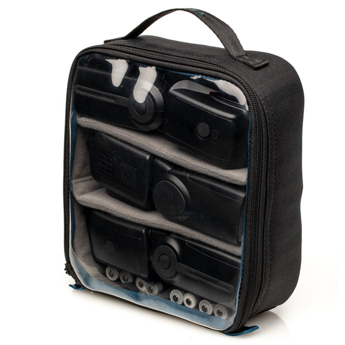 Black carrying case with compartments for electronic devices on a white background