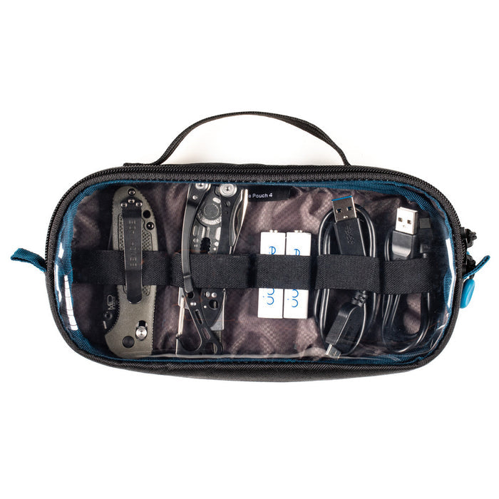 Black travel pouch with various tools and cables on a white background